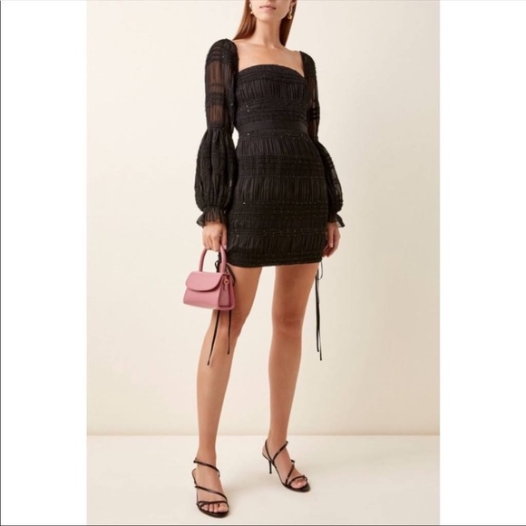 self portrait shirred chiffon mini dress Self-Portrait Shirred Chiffon Square Neck Mini Dress / Black / RRP: 350.00